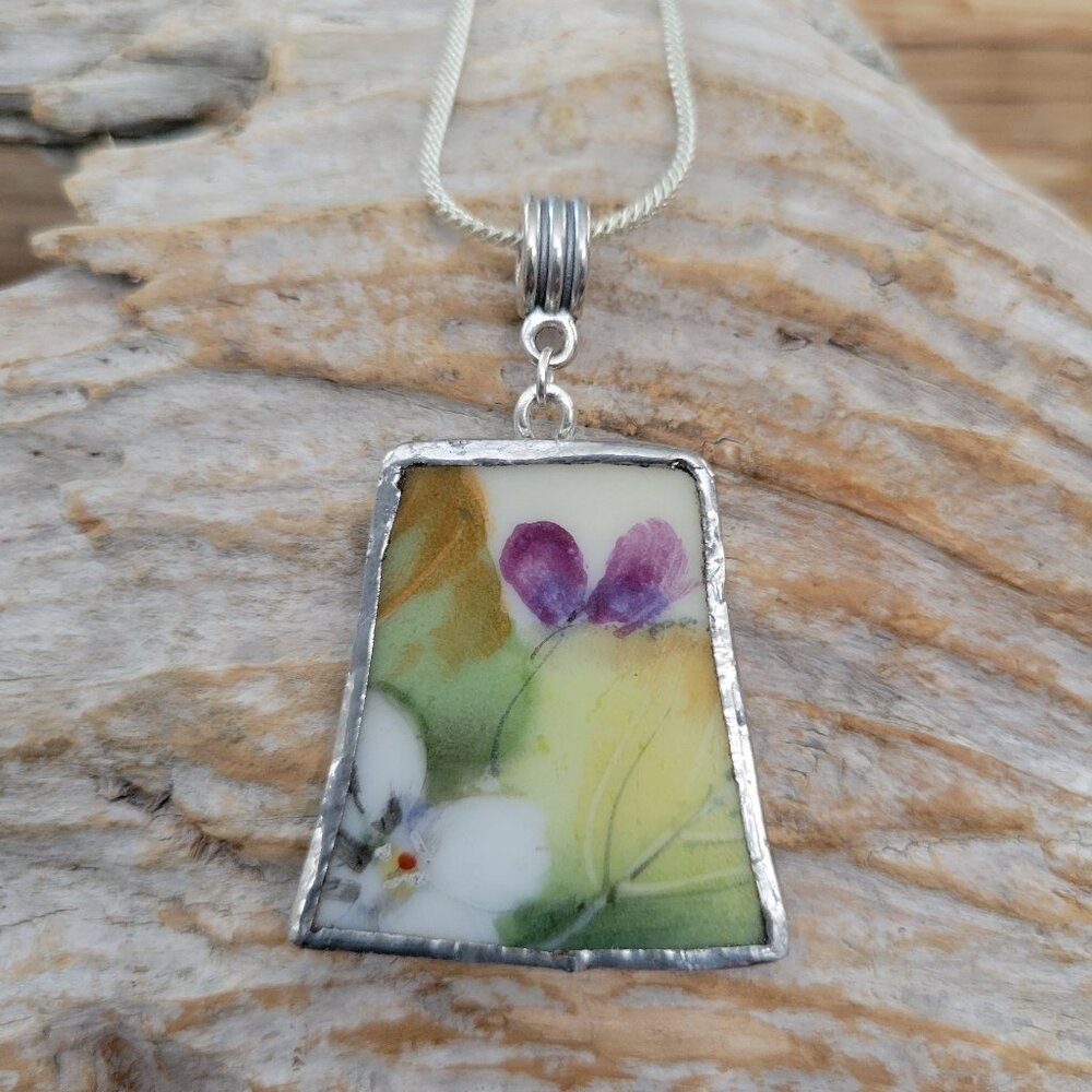Vintage Broken China Soldered Pendant Necklace with Chain
